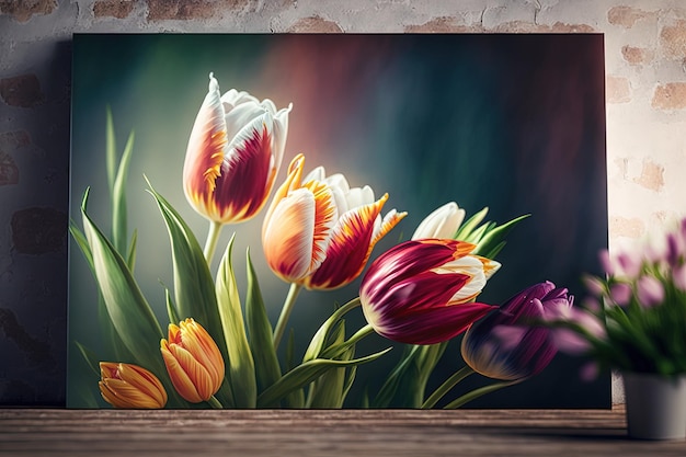 Un dipinto di tulipani in un vaso su un tavolo IA generativa