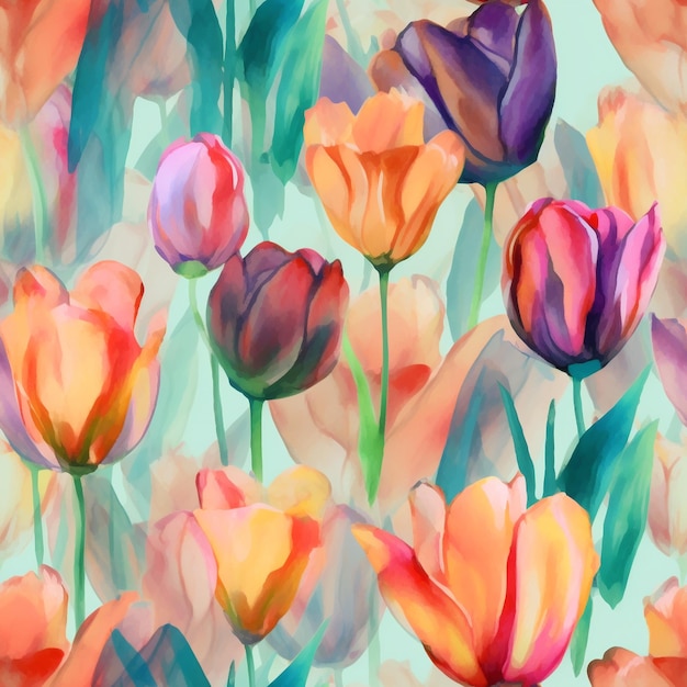Un dipinto di tulipani in viola blu e giallo