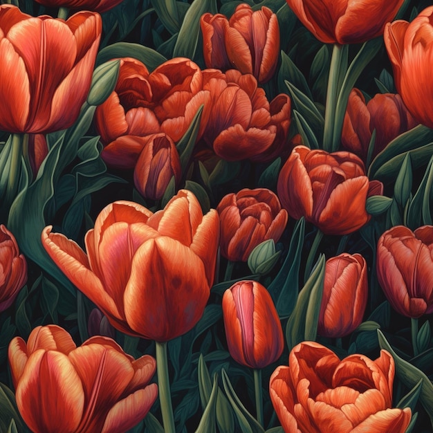 Un dipinto di tulipani rossi con foglie verdi sulla destra.