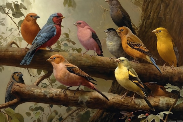 Un dipinto di uccelli su un ramo