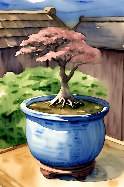 Un Dipinto Di Un Albero Bonsai In Un Vaso Blu