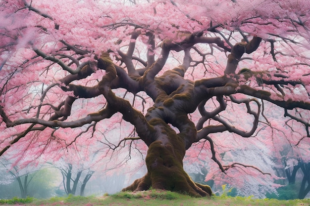 Un dipinto di un albero con fiori rosa