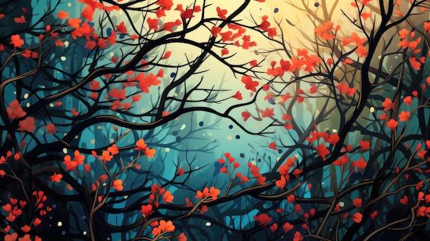 Un dipinto di un albero con foglie rosse ai