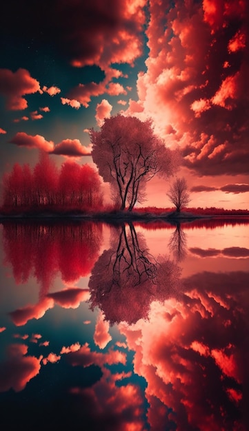 Un dipinto di un albero con foglie rosse e il cielo illuminato dal sole