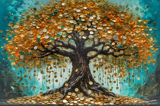 un dipinto di un albero con perle d'oro e d'argento