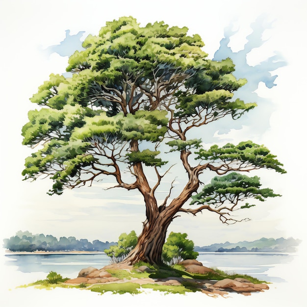 Un dipinto di un albero con un lago sullo sfondo