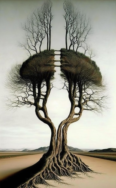 Un dipinto di un albero con un percorso tra di loro
