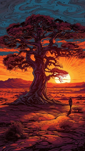 Un dipinto di un albero con un tramonto sullo sfondo.