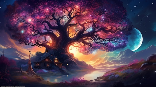 un dipinto di un albero con una casa al centro ai