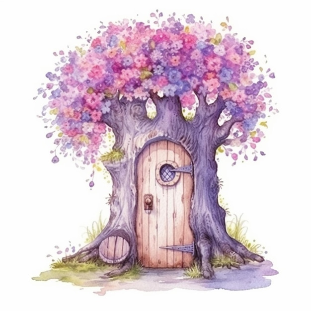 Un dipinto di un albero con una porta e una porta in essa generativa ai