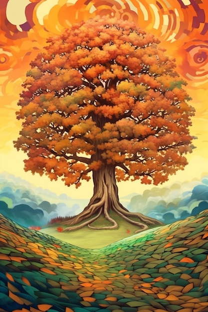 un dipinto di un albero con uno sfondo celeste e un ai generativo solare