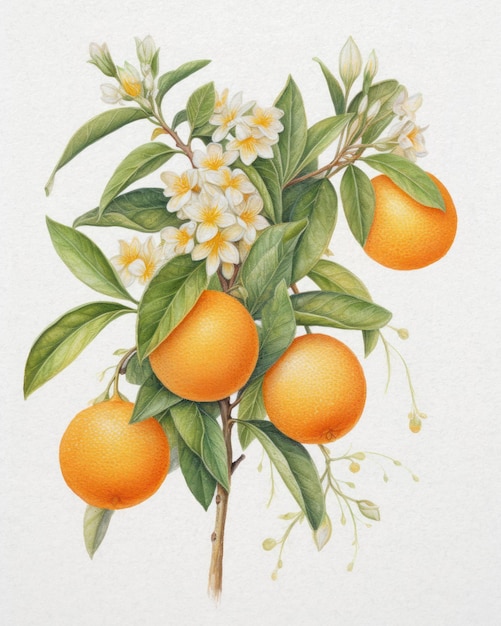 Un dipinto di un albero di arance con sopra il titolo arance.