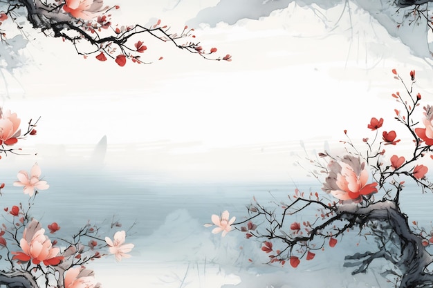 un dipinto di un albero di ciliegio in fiore con il riflesso dell'acqua.