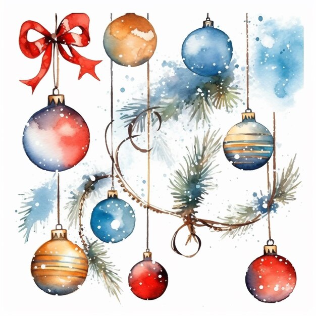 Un dipinto di un albero di Natale con ornamenti appesi generativo ai