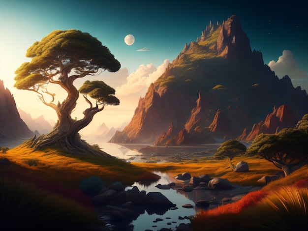 Un dipinto di un albero e un fiume con un tramonto sullo sfondo.
