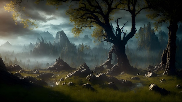 Un dipinto di un albero in un campo con le montagne sullo sfondo.