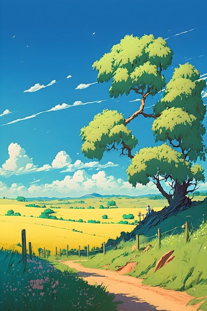 Un dipinto di un albero in un campo di giallo.