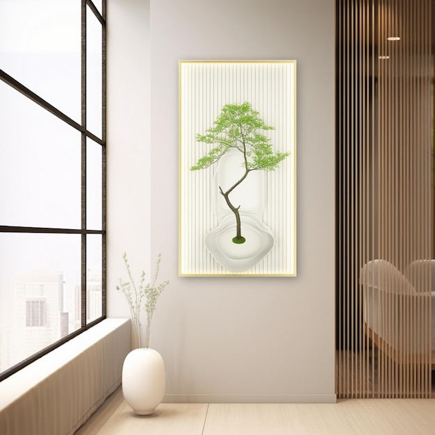 un dipinto di un albero in una stanza con una pianta sul muro.