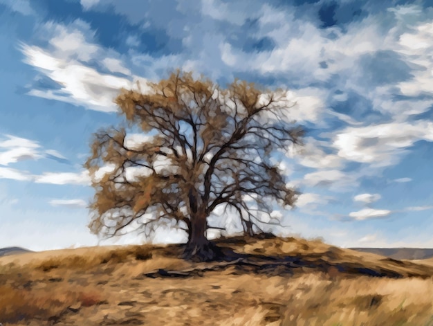 Un dipinto di un albero nel deserto