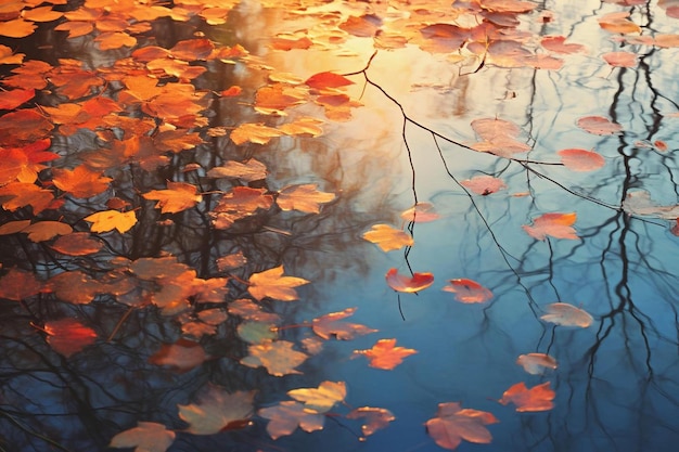 un dipinto di un albero nell'acqua con il riflesso delle foglie nell'acqua.