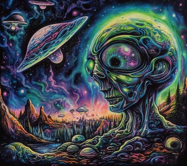 Un dipinto di un alieno con una testa verde e un pianeta blu sullo sfondo.