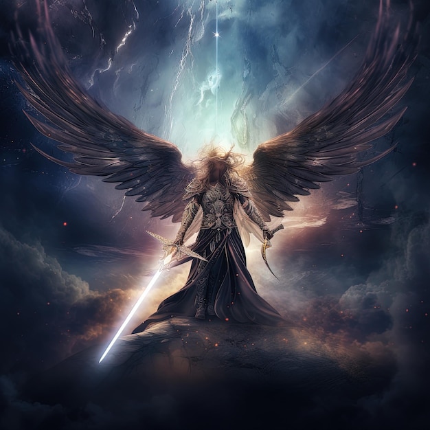 un dipinto di un angelo con una spada e le parole angelo