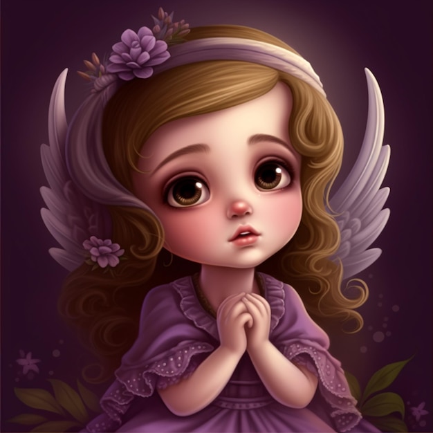 Un dipinto di un angioletto con grandi occhi e un vestito viola.