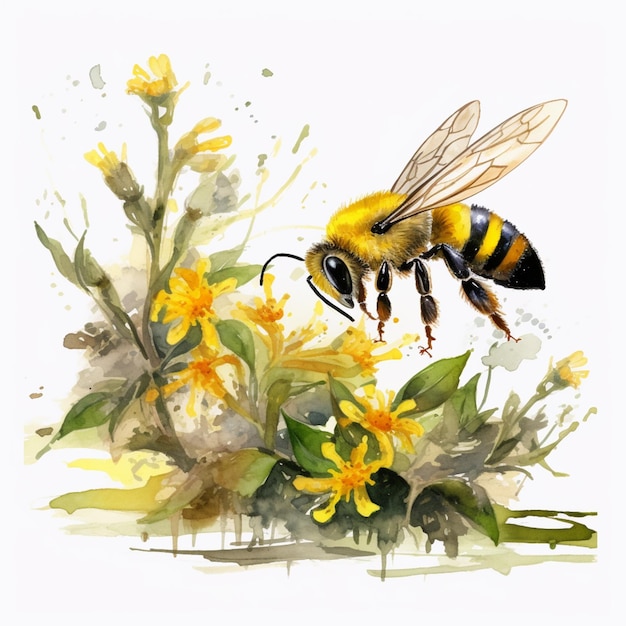 un dipinto di un'ape che vola sopra un mazzo di fiori gialli generativo ai