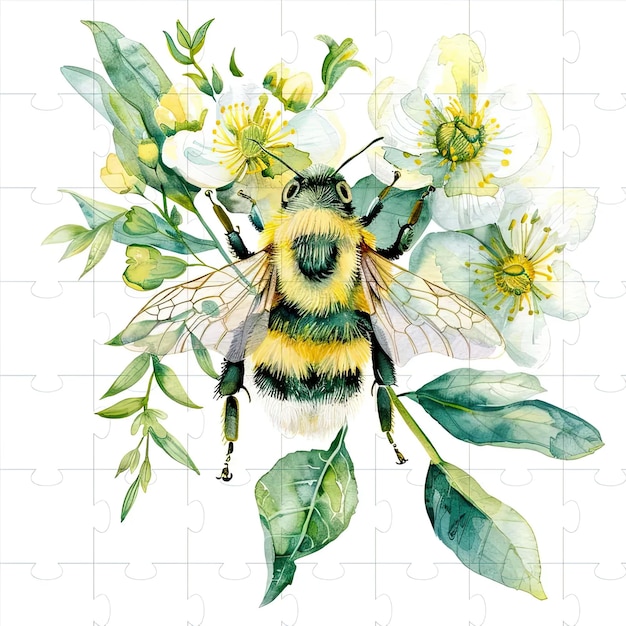 Un dipinto di un'ape circondata da fiori e foglie