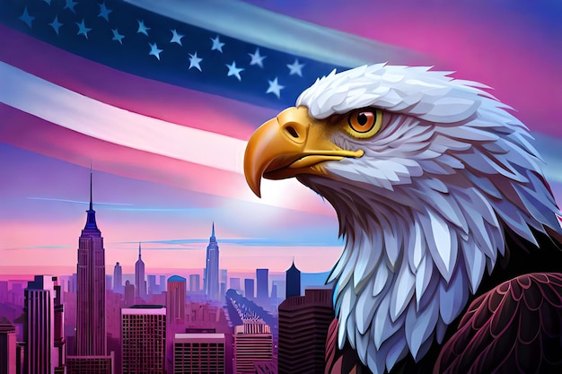 Un dipinto di un'aquila con la bandiera americana sullo sfondo.