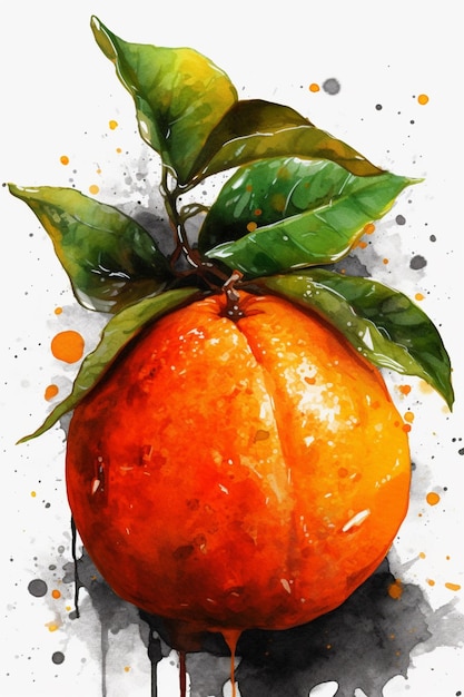 Un dipinto di un'arancia con foglie verdi