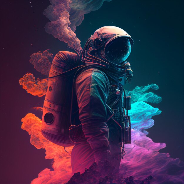 Un dipinto di un astronauta con uno sfondo colorato.
