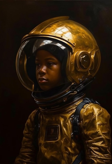 Un dipinto di un astronauta d'oro che indossa un casco.
