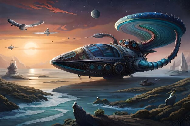 Un dipinto di un'astronave con un pianeta sullo sfondo.