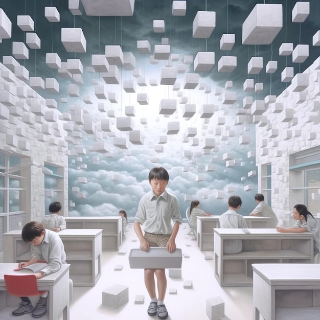 Un dipinto di un'aula e di studenti con un mucchio di scatole bianche che galleggiano nell'illustrazione dell'aria