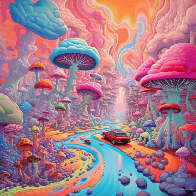 Un dipinto di un'auto che guida attraverso una foresta colorata con funghi generativi ai