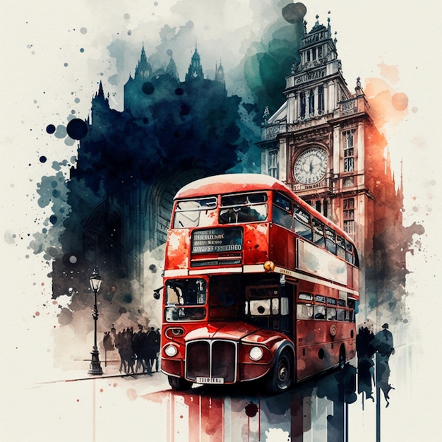 Un dipinto di un autobus rosso a due piani a Londra.