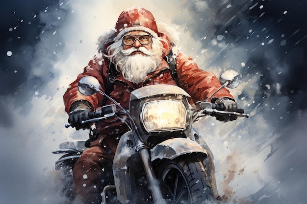 Un dipinto di un Babbo Natale in sella a una moto immagine generativa ai