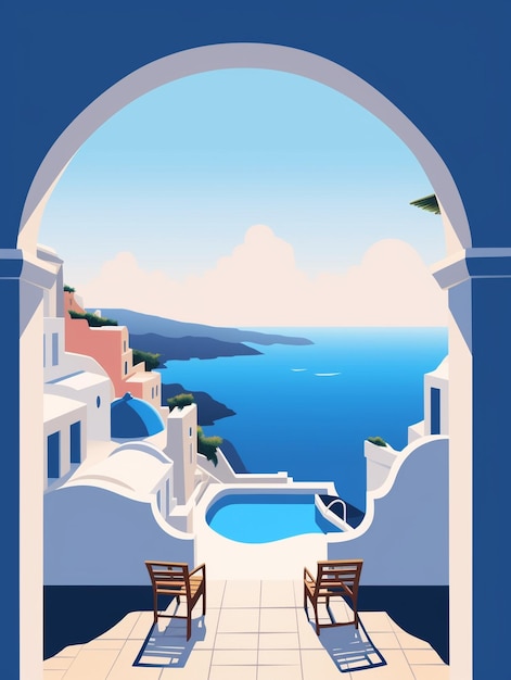 un dipinto di un balcone con vista sull'oceano e sul mare.