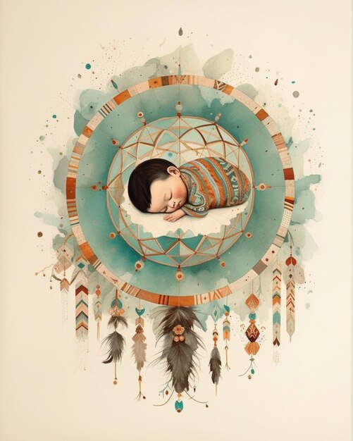 Un dipinto di un bambino che dorme in un acchiappasogni.