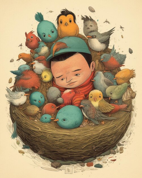 Un dipinto di un bambino che dorme in un nido con molti uccelli.