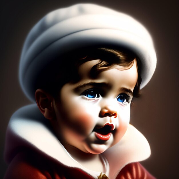 Un dipinto di un bambino che indossa un cappello e una giacca rossa.