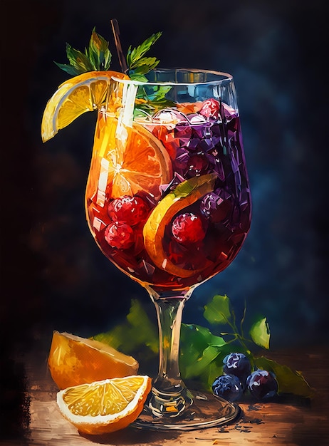 Un dipinto di un bicchiere di sangria con frutta e uno sfondo blu.