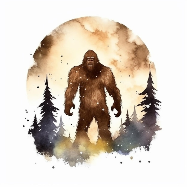 Un dipinto di un bigfoot in piedi nel bosco con alberi generativi ai