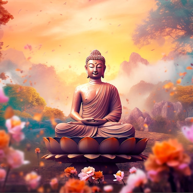 Un dipinto di un buddha con fiori sullo sfondo Generativo ai