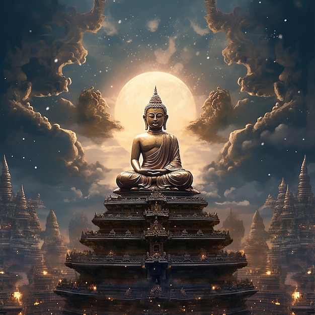 Un dipinto di un buddha con la luna sullo sfondo