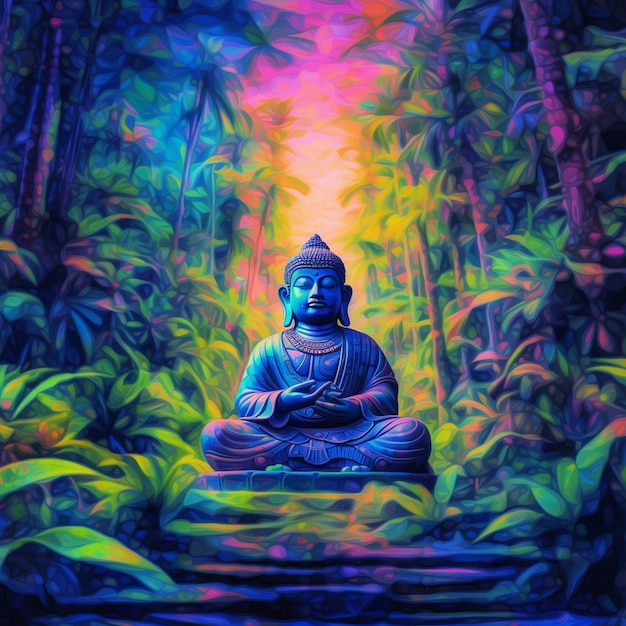 Un dipinto di un buddha con le parole "meditazione" sul fondo.