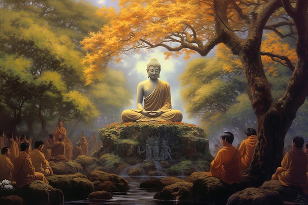 Un dipinto di un buddha con sopra le parole buddha