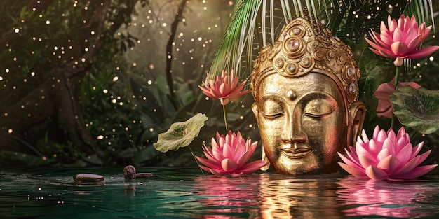 un dipinto di un Buddha con un fiore di loto sullo sfondo