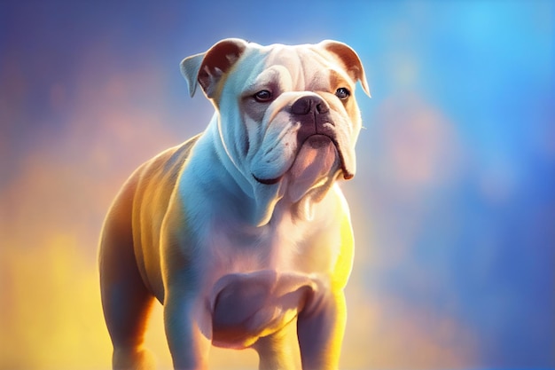 Un dipinto di un bulldog che si trova su uno sfondo blu